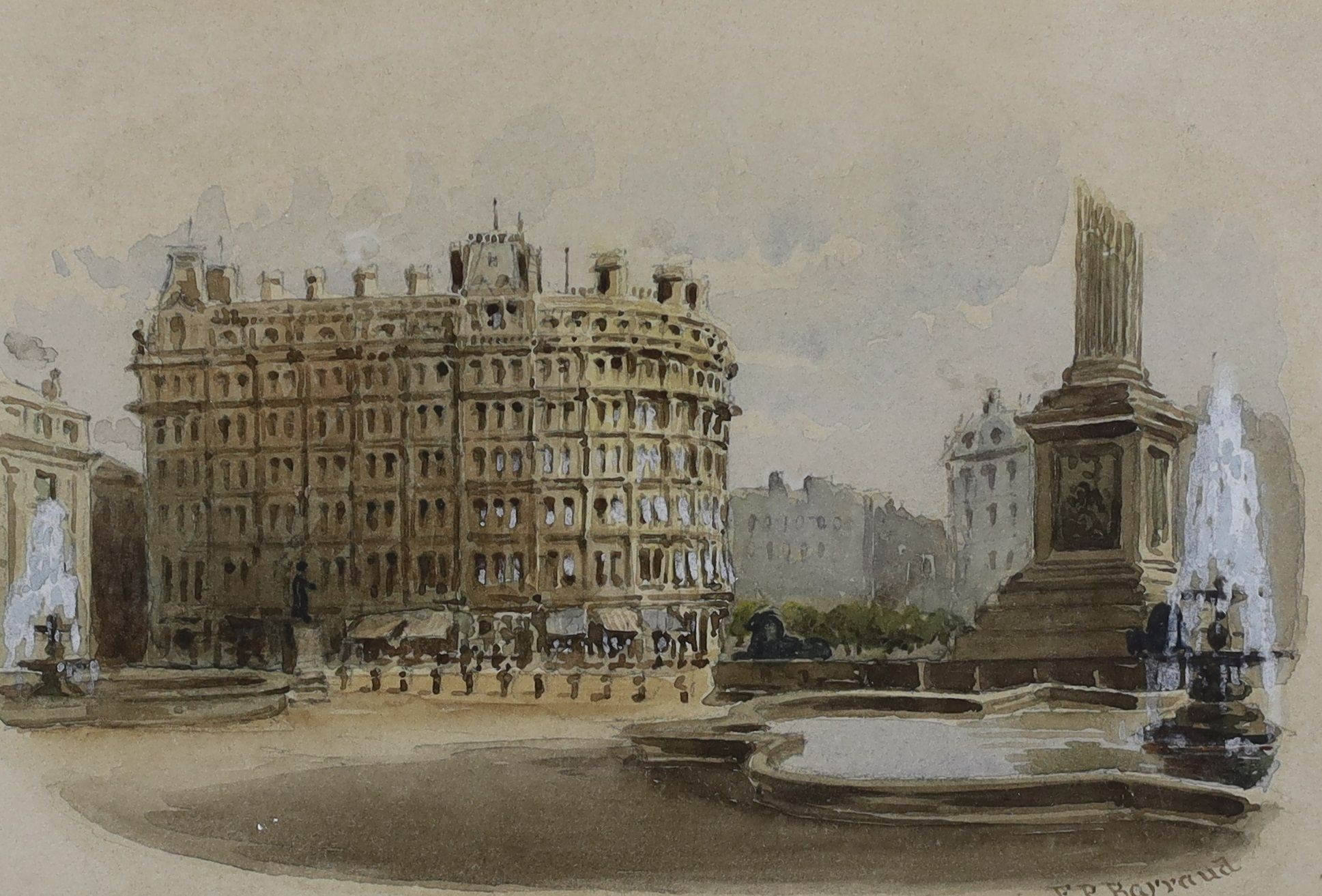 François-Emile Barraud (1899-1934), two watercolours, Trafalgar Square and Northumberland Avenue, signed, 9 x 14cm.